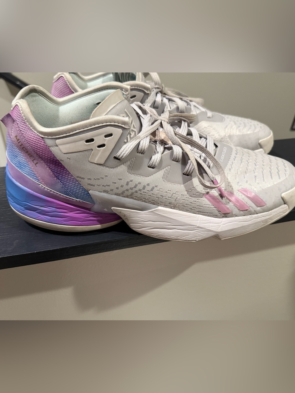 adidas Mens Light Gray Athletic Sneakers with Purple & Pink Accents